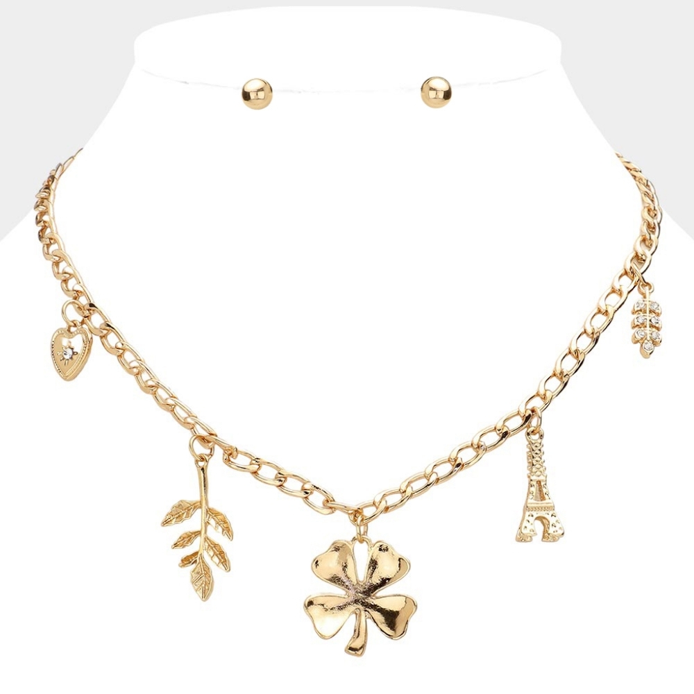 Gold Clover Eiffel Tower Charm Necklace Chain Cute Fashion Statement Jewelry